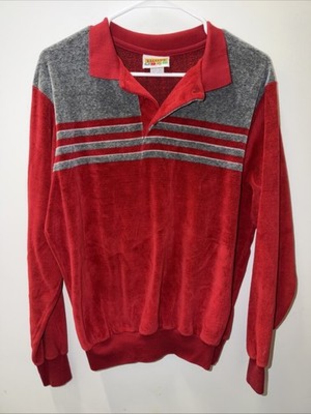 Vintage 70's Valiant Men Red Gray L VELOUR Stripe VELVET Polo DISCO Shirt
